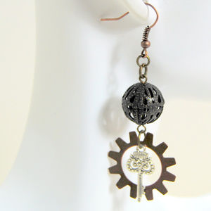Earrings Steampunk Gear Keys Owl Jewelry